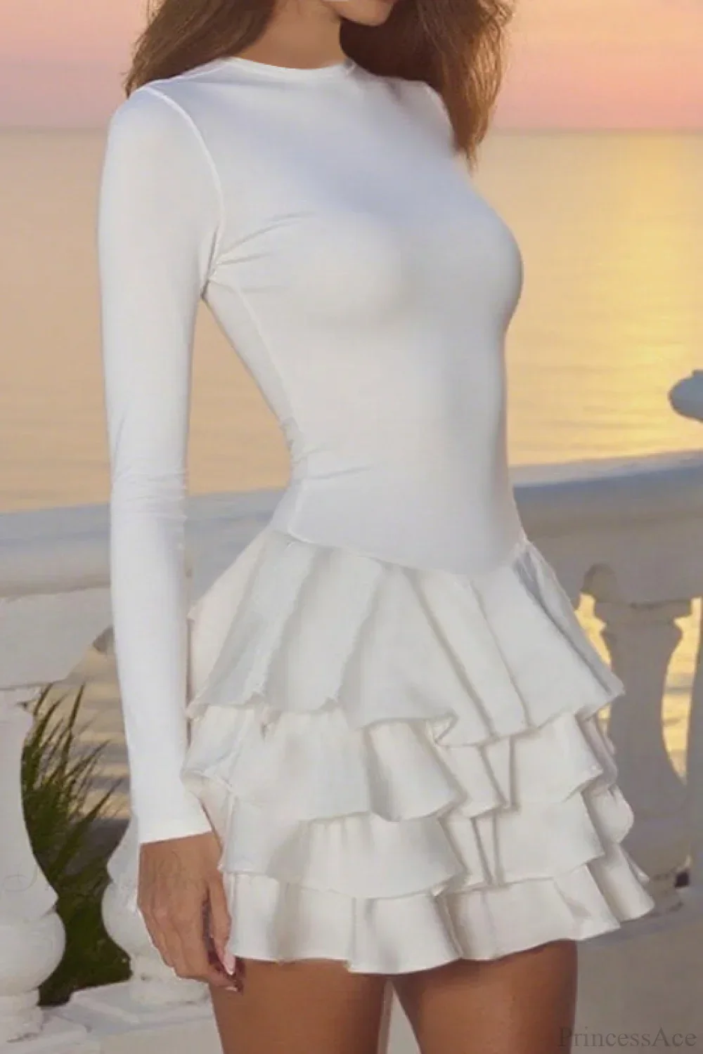 Solid Crew Neck Slim High Waist Puff Mini Dress - Image 3