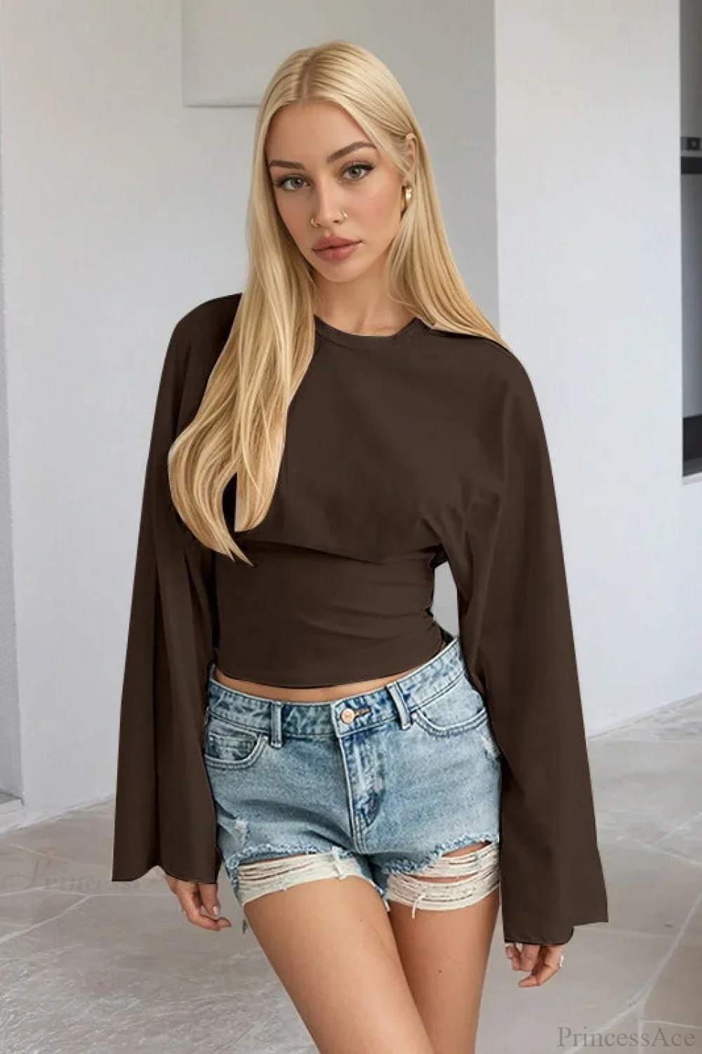 Solid Crew Neck Wide Sleeve Waist Cinched Long Sleeve Tee - Image 13
