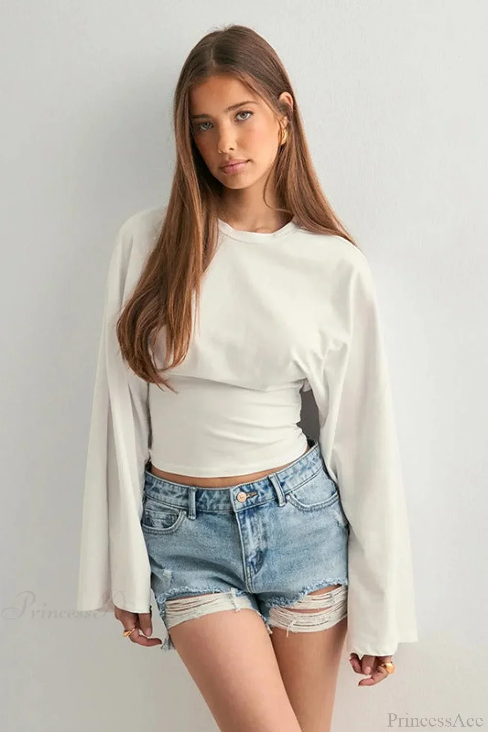 Solid Crew Neck Wide Sleeve Waist Cinched Long Sleeve Tee - Image 4