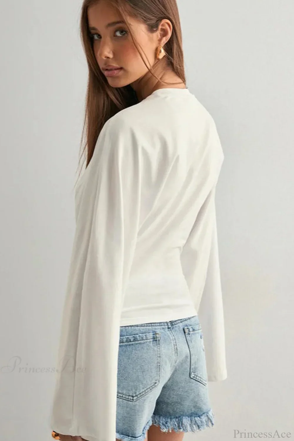 Solid Crew Neck Wide Sleeve Waist Cinched Long Sleeve Tee - Image 5