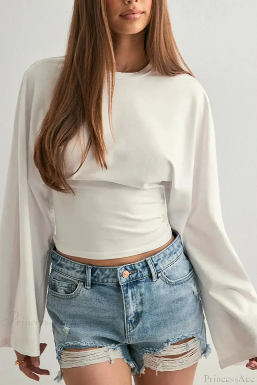 Solid Crew Neck Wide Sleeve Waist Cinched Long Sleeve Tee - Image 6