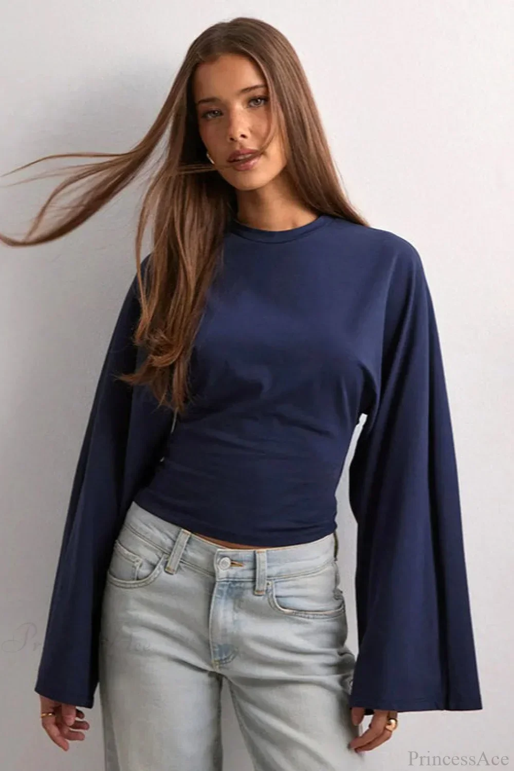 Solid Crew Neck Wide Sleeve Waist Cinched Long Sleeve Tee - Image 7