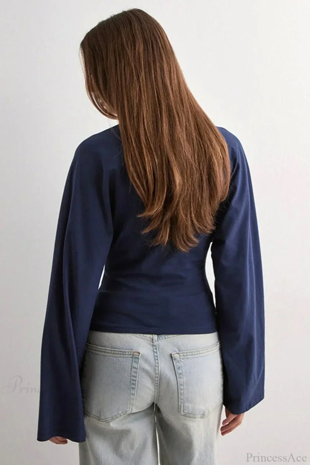 Solid Crew Neck Wide Sleeve Waist Cinched Long Sleeve Tee - Image 9
