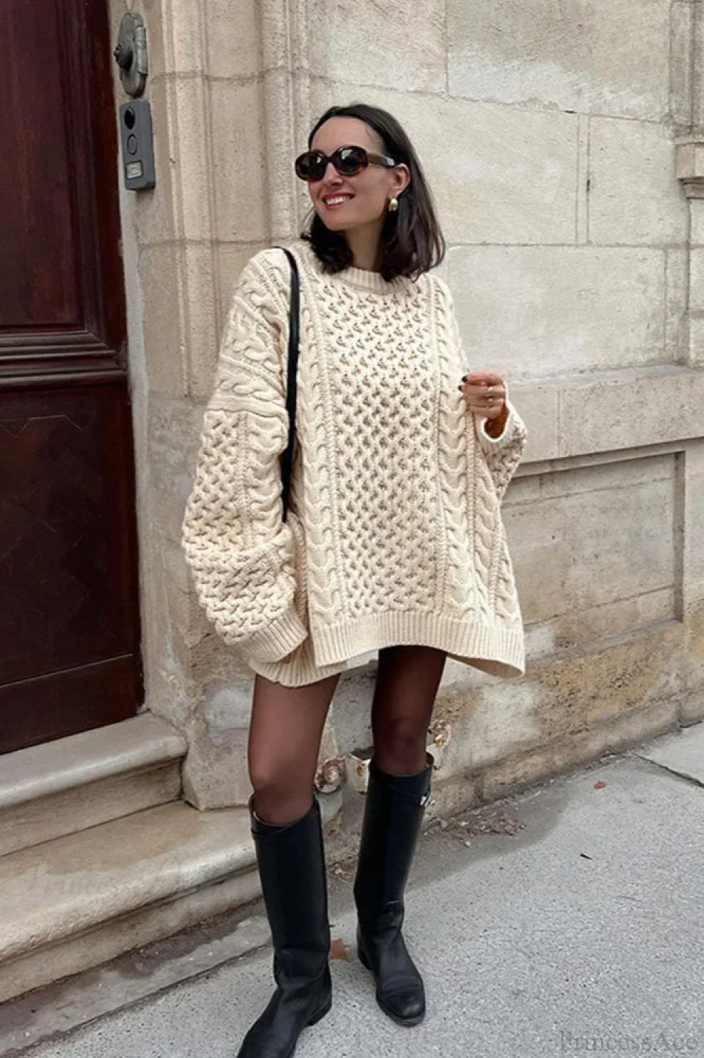 Solid Crewneck Lantern Sleeve Loose Sweater - Image 2