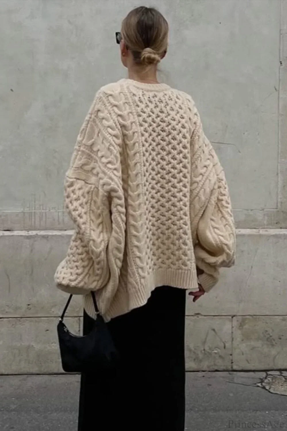 Solid Crewneck Lantern Sleeve Loose Sweater - Image 3