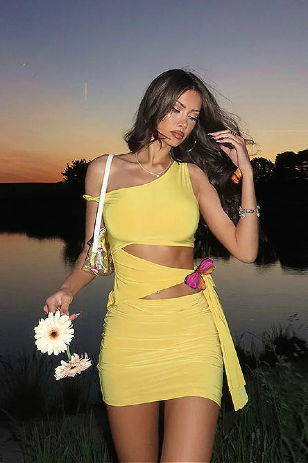 Solid Cutout Bow Tie One Shoulder Mini Dress - Image 2