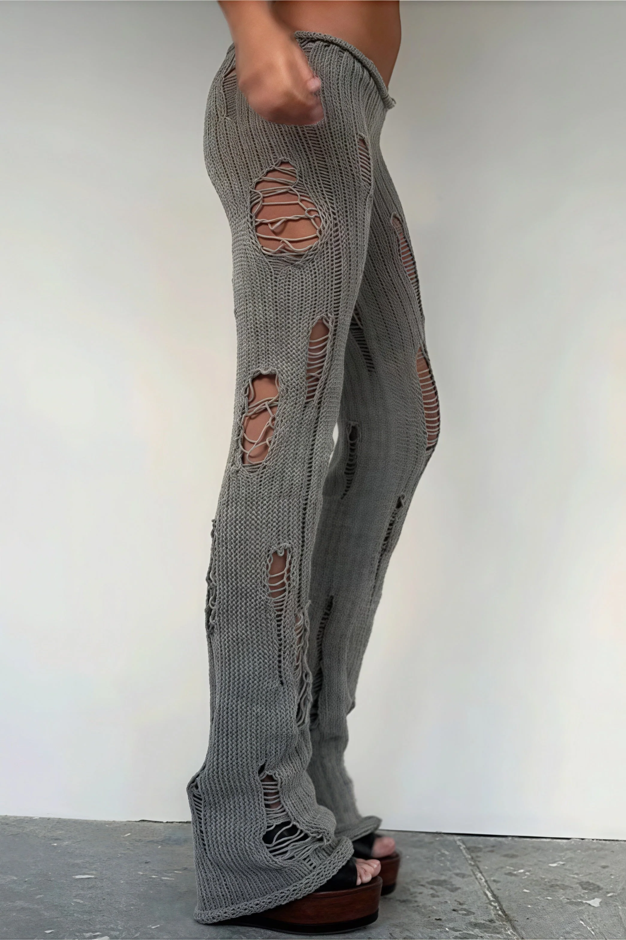 Solid Cutout Distressed Slim Edgy Pants - Image 4