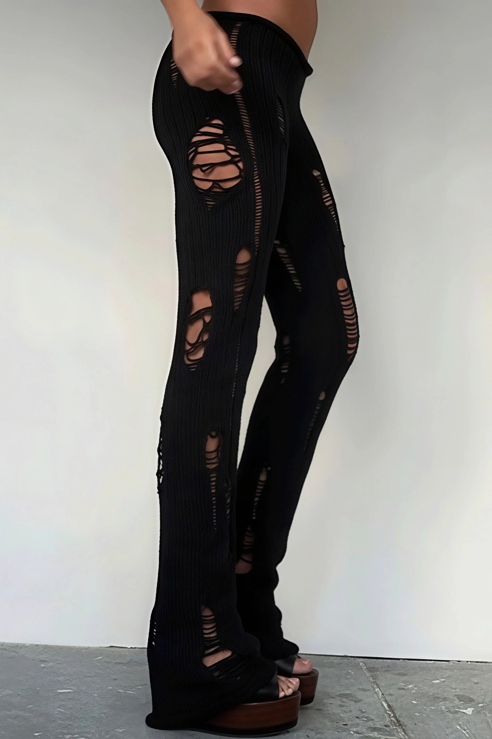 Solid Cutout Distressed Slim Edgy Pants - Image 7