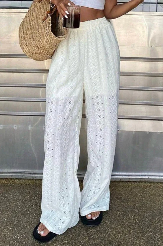 Solid Cutout Embroidered Elastic Waist Pants - Image 3