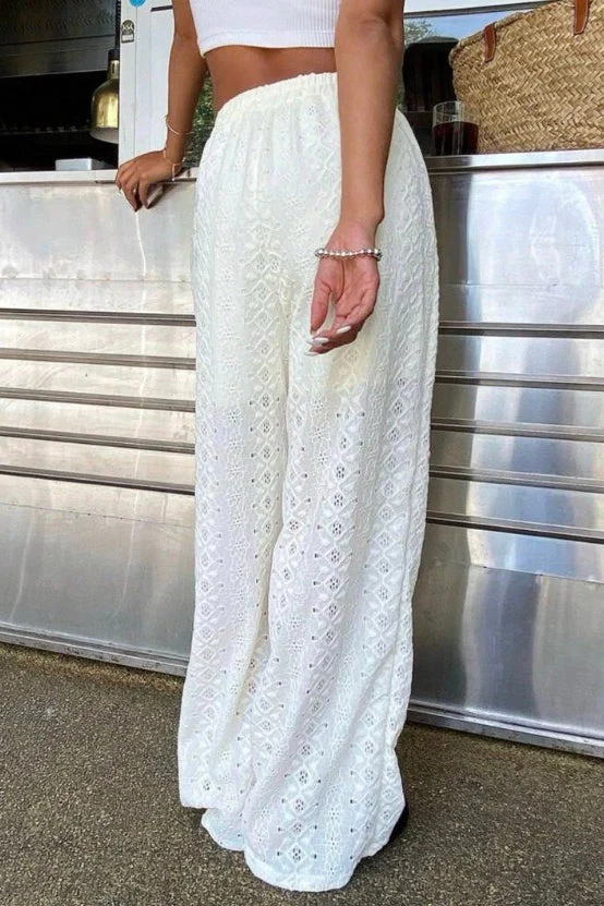 Solid Cutout Embroidered Elastic Waist Pants - Image 4