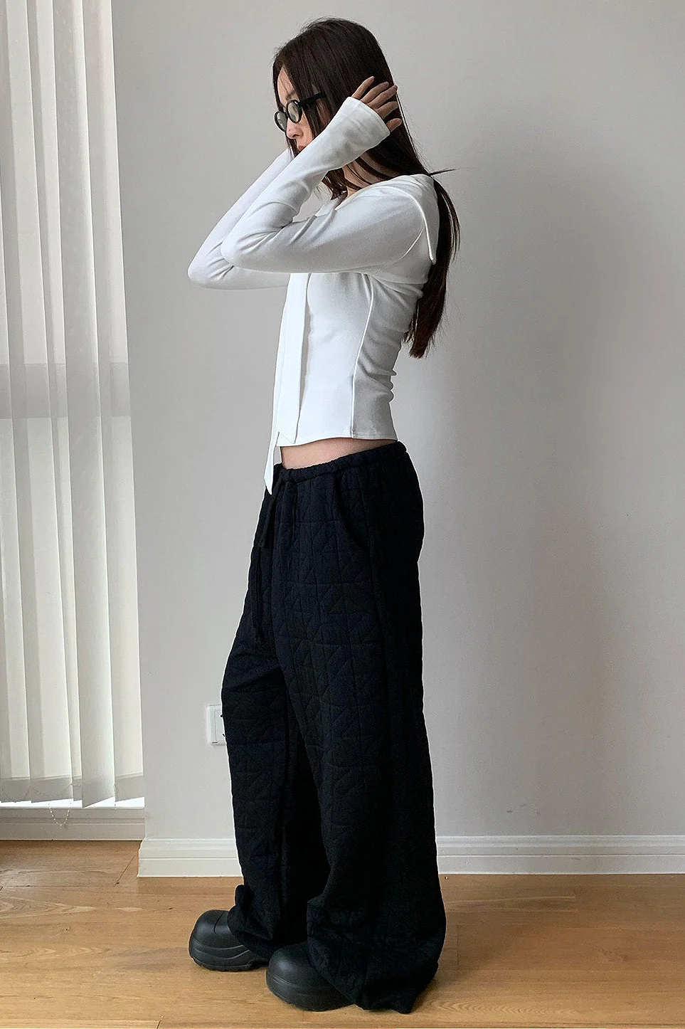 Solid Diamond Quilted Thickened Drawstring Thermal Pants - Image 10