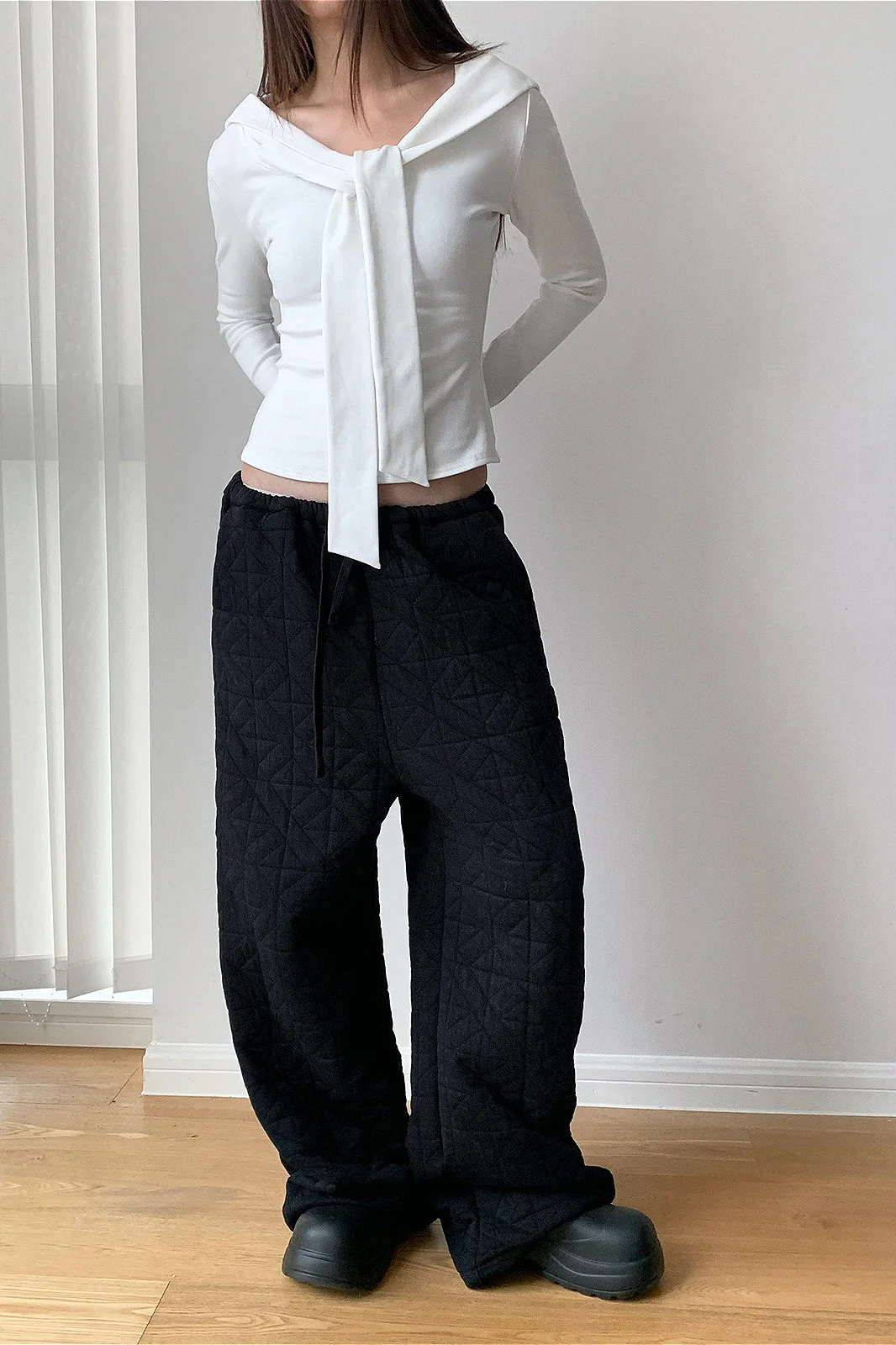 Solid Diamond Quilted Thickened Drawstring Thermal Pants - Image 8
