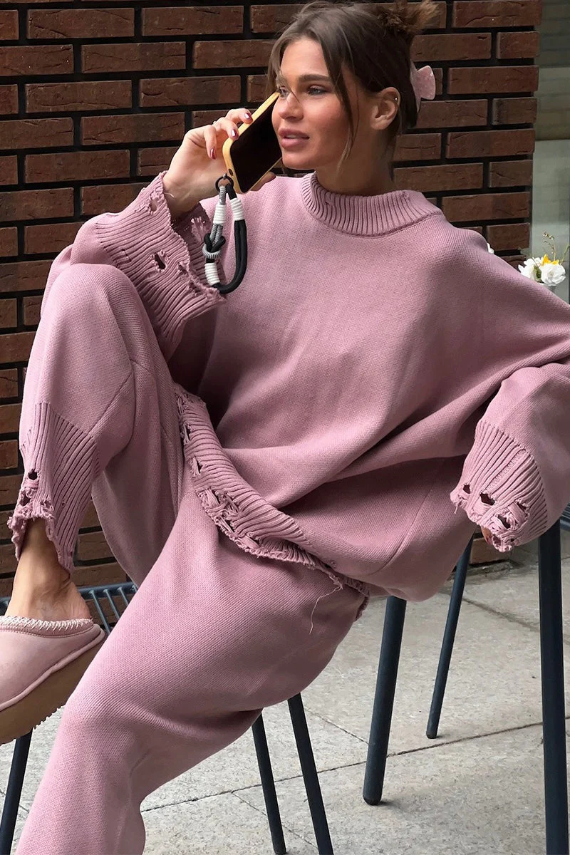 Solid Distressed Knit Crew Neck Sweater Two Piece Set - Image 10