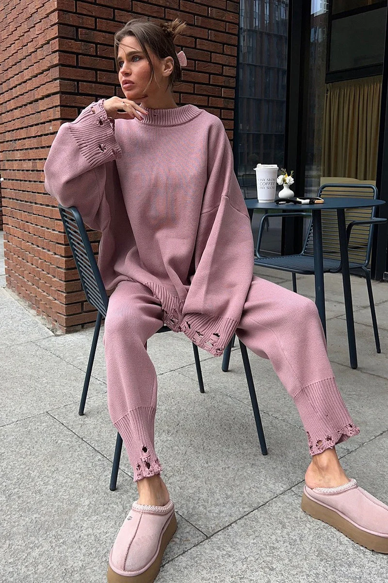 Solid Distressed Knit Crew Neck Sweater Two Piece Set - Image 11