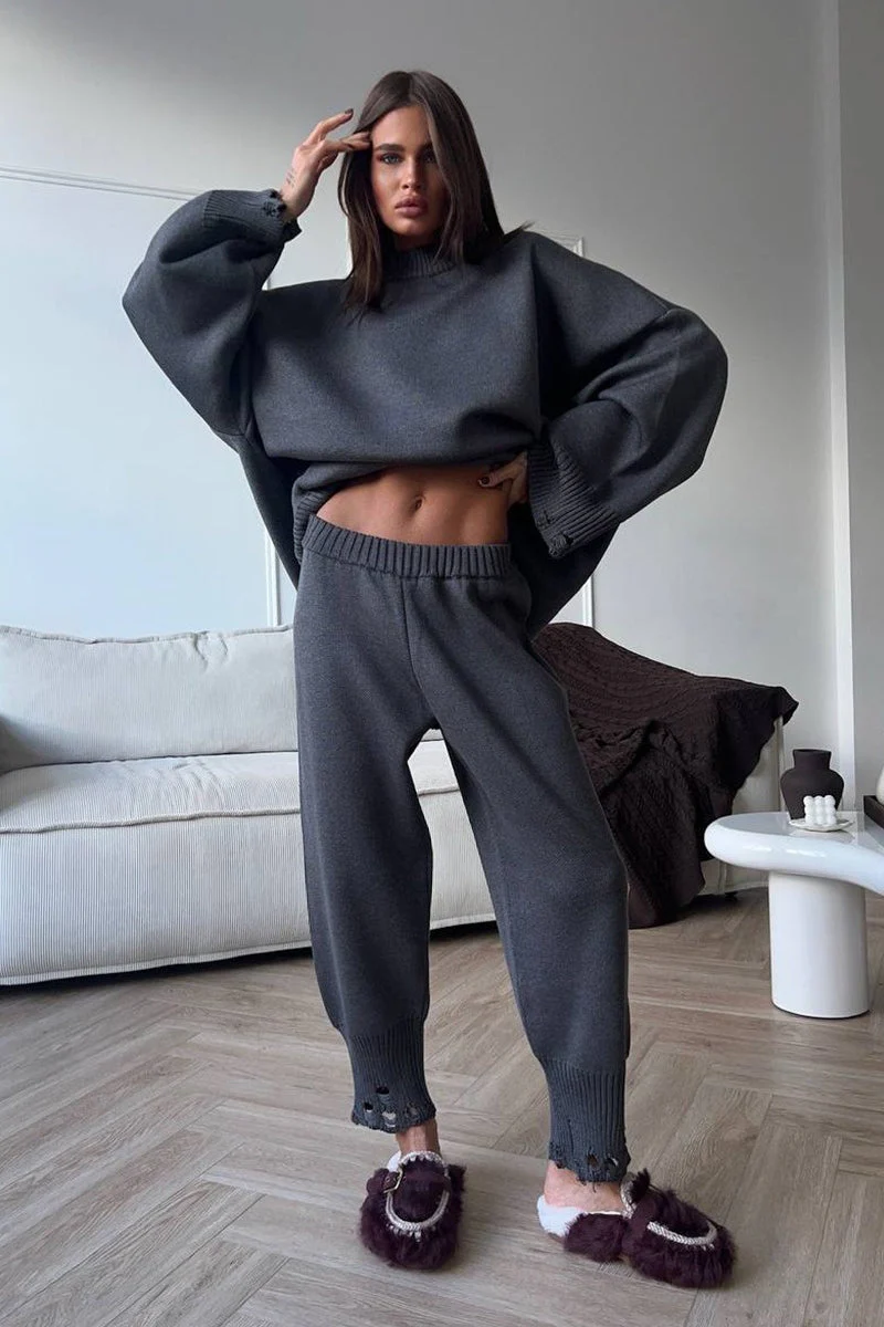 Solid Distressed Knit Crew Neck Sweater Two Piece Set - Image 12