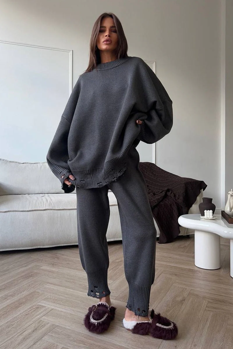 Solid Distressed Knit Crew Neck Sweater Two Piece Set - Image 13