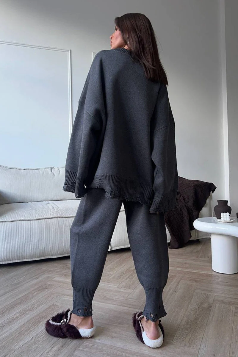 Solid Distressed Knit Crew Neck Sweater Two Piece Set - Image 14