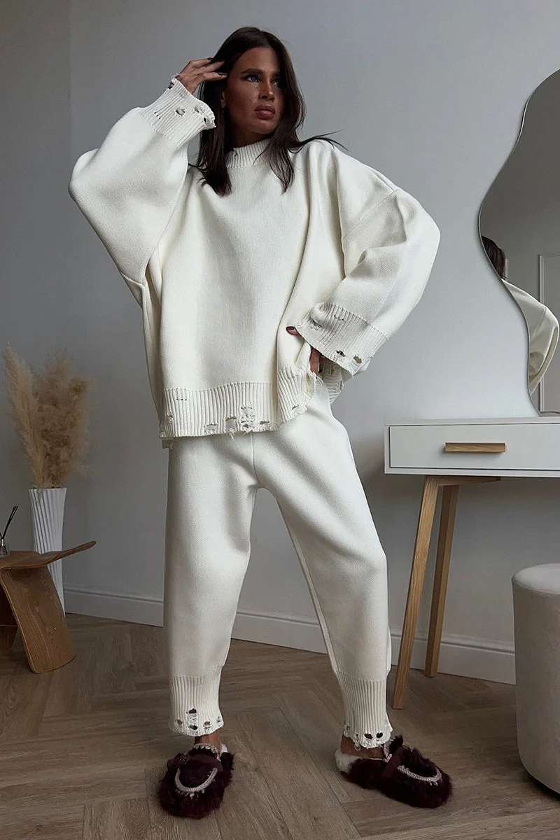Solid Distressed Knit Crew Neck Sweater Two Piece Set - Image 5