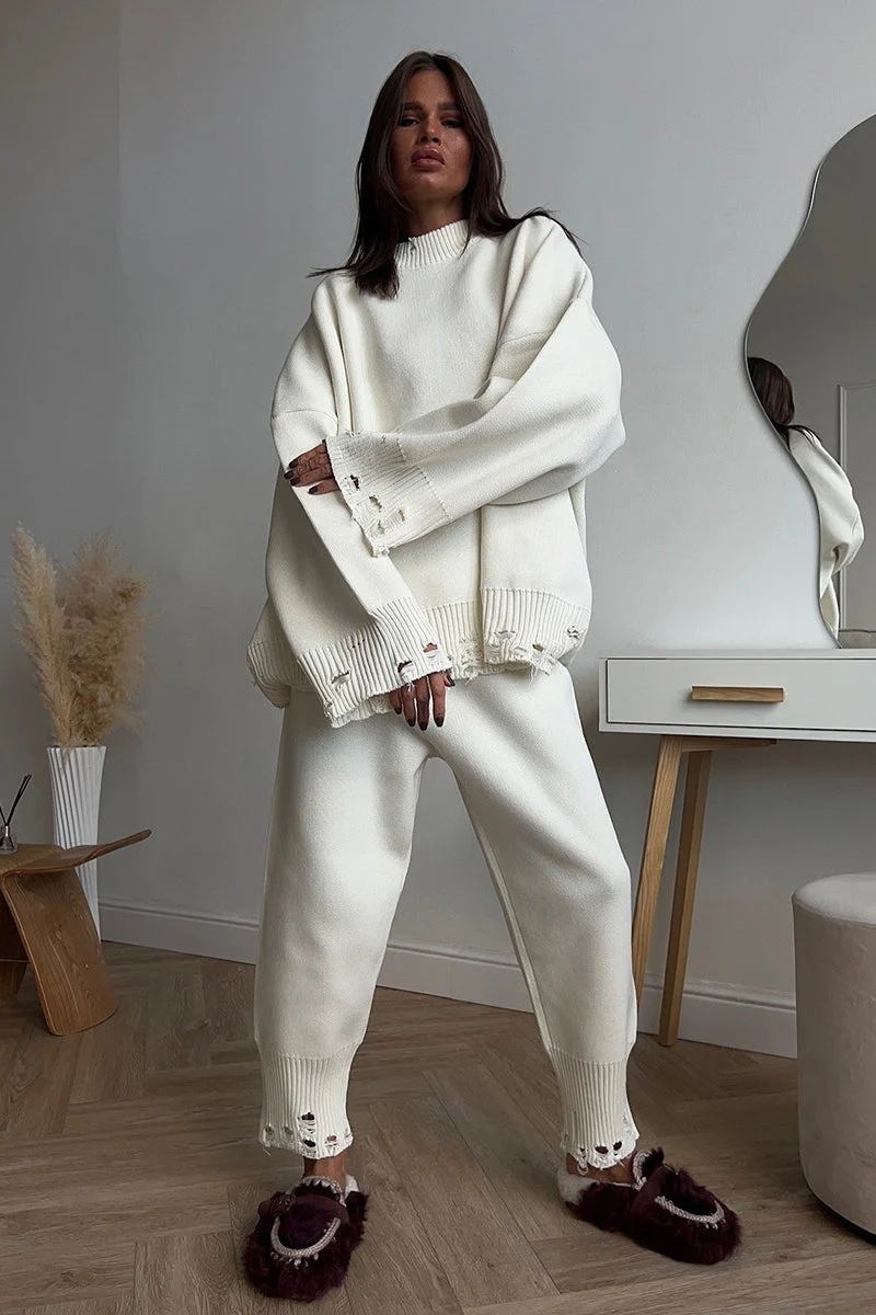 Solid Distressed Knit Crew Neck Sweater Two Piece Set - Image 6
