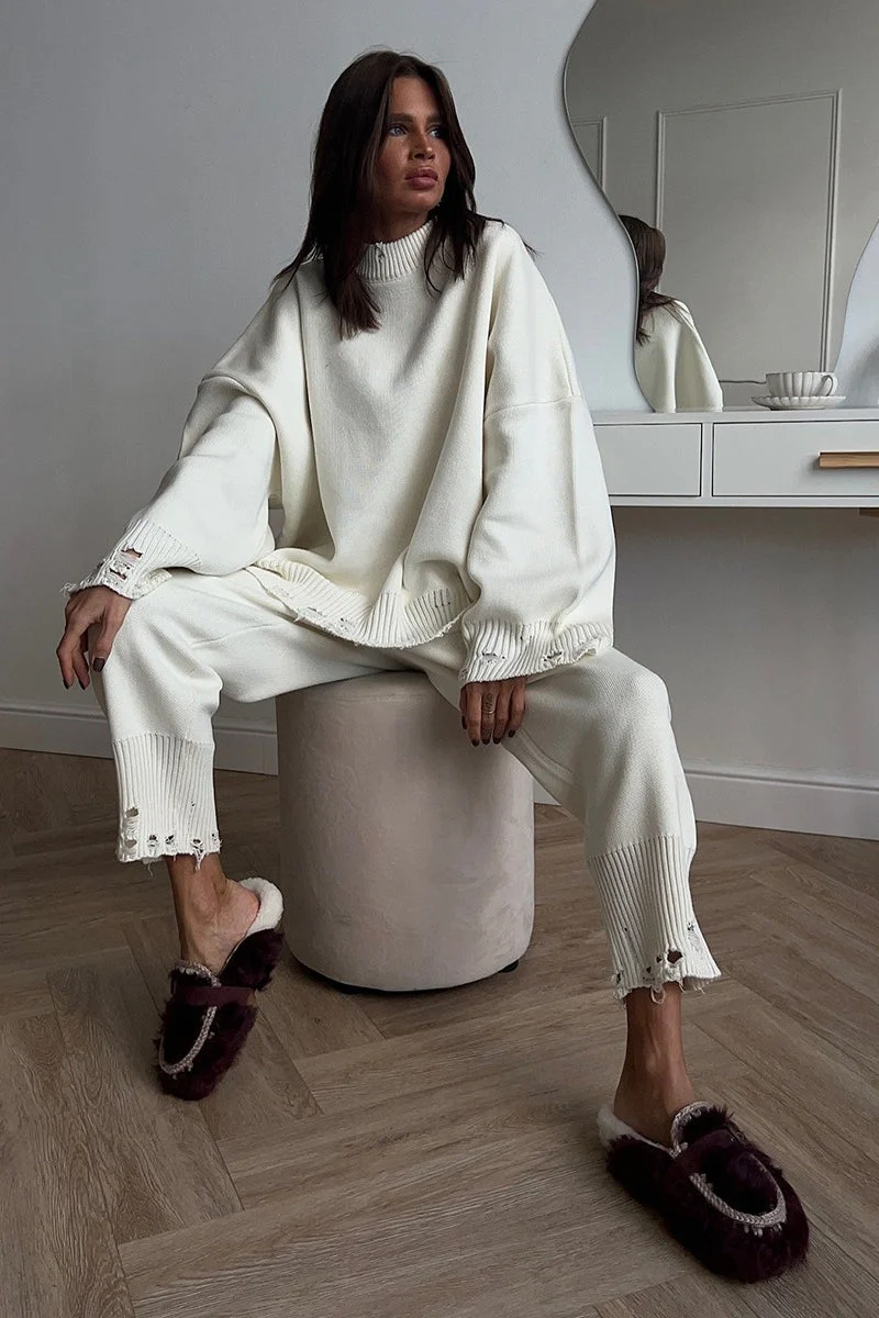 Solid Distressed Knit Crew Neck Sweater Two Piece Set - Image 7
