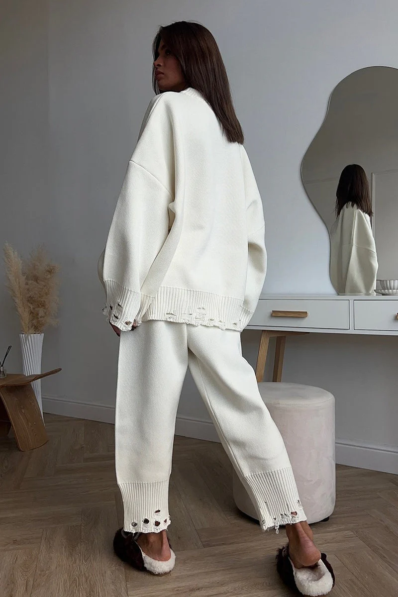 Solid Distressed Knit Crew Neck Sweater Two Piece Set - Image 9