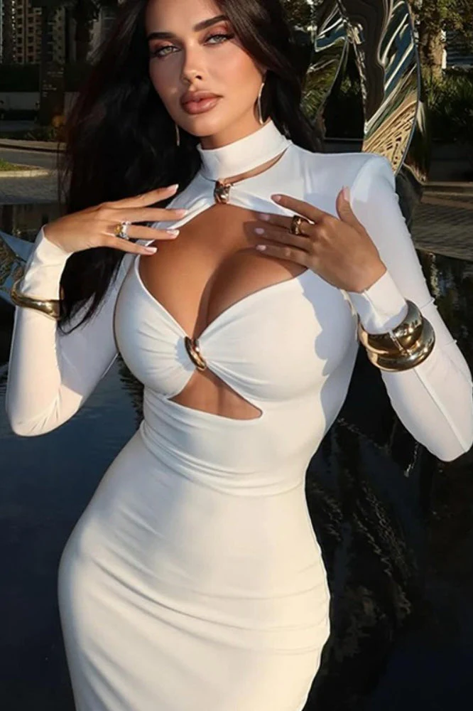 Solid Elegant Minimalist Cutout Metal Embellished Fitted Maxi Dress - Image 4