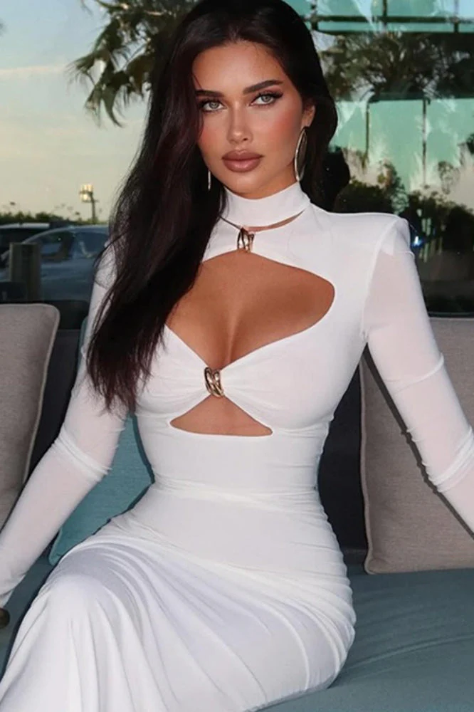 Solid Elegant Minimalist Cutout Metal Embellished Fitted Maxi Dress - Image 5