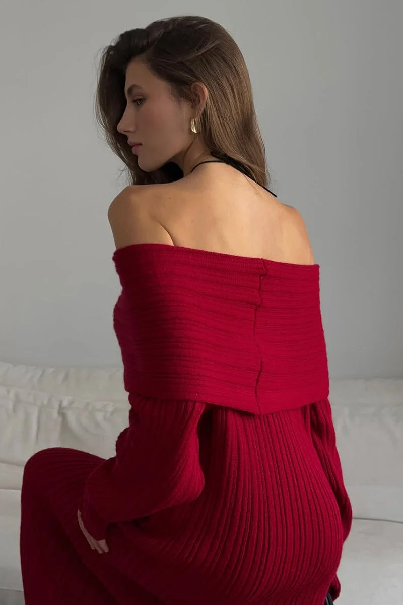 Solid Elegant Minimalist Off Shoulder Bodycon Knit Maxi Dress - Image 10