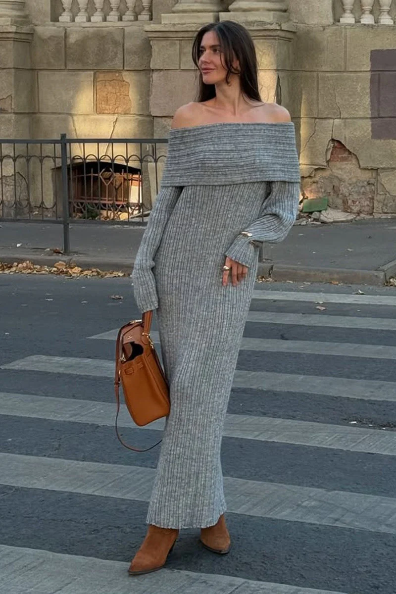Solid Elegant Minimalist Off Shoulder Bodycon Knit Maxi Dress - Image 12