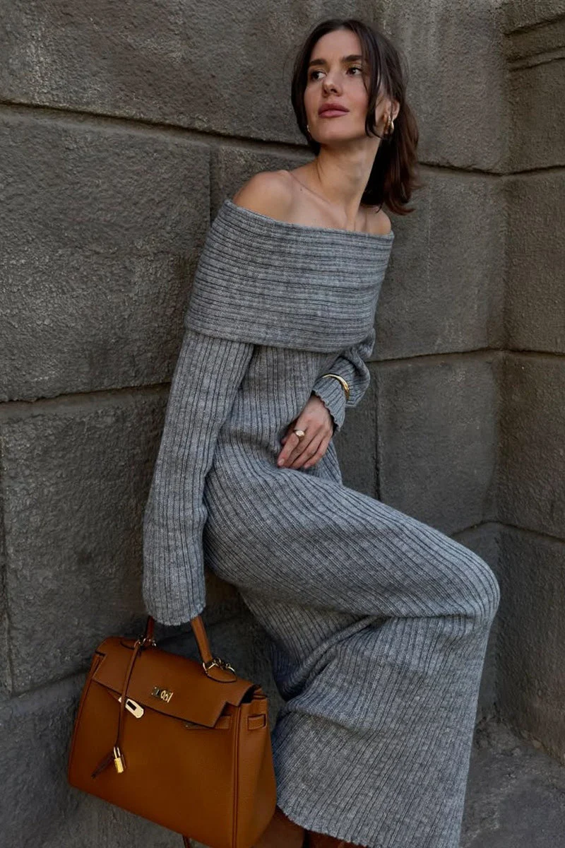 Solid Elegant Minimalist Off Shoulder Bodycon Knit Maxi Dress - Image 14