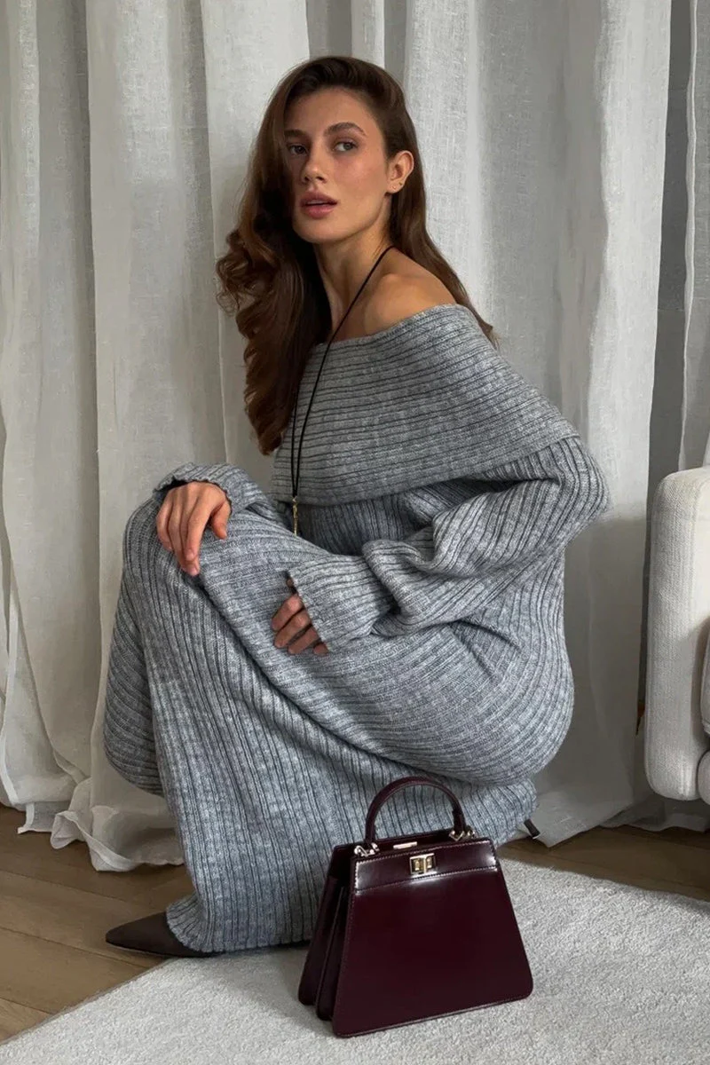 Solid Elegant Minimalist Off Shoulder Bodycon Knit Maxi Dress - Image 16
