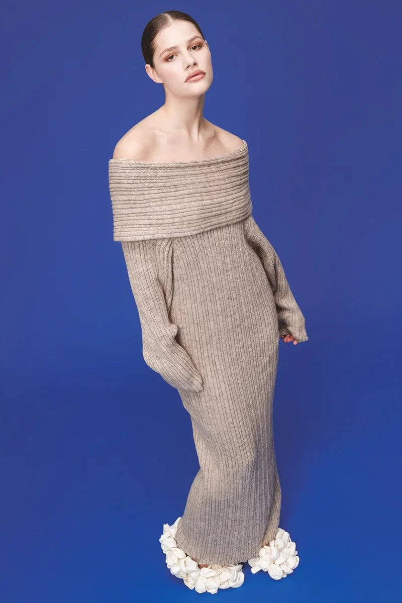 Solid Elegant Minimalist Off Shoulder Bodycon Knit Maxi Dress - Image 18