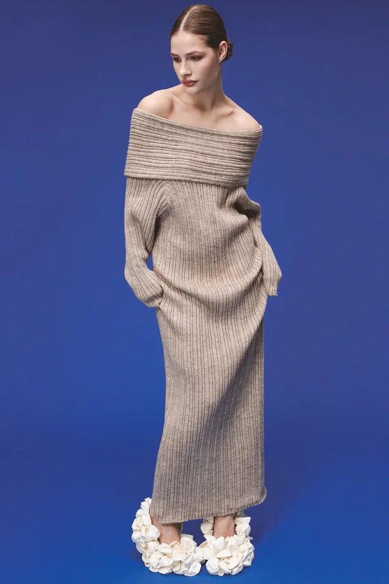 Solid Elegant Minimalist Off Shoulder Bodycon Knit Maxi Dress - Image 19