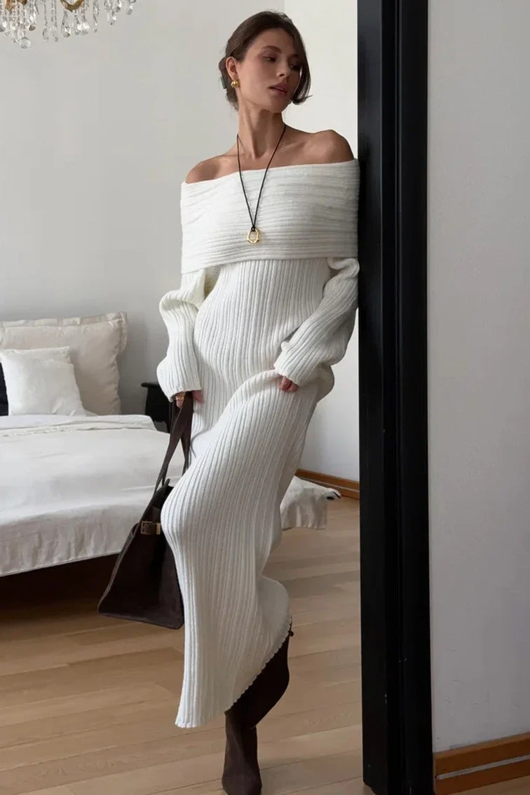 Solid Elegant Minimalist Off Shoulder Bodycon Knit Maxi Dress - Image 2