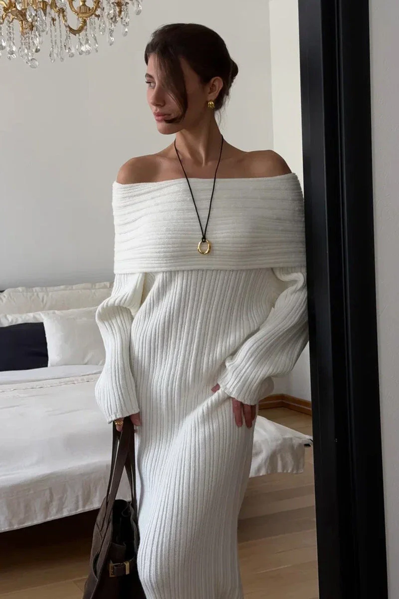 Solid Elegant Minimalist Off Shoulder Bodycon Knit Maxi Dress - Image 3
