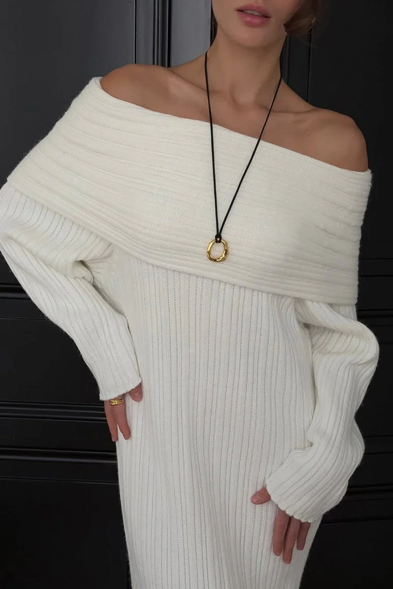 Solid Elegant Minimalist Off Shoulder Bodycon Knit Maxi Dress - Image 5