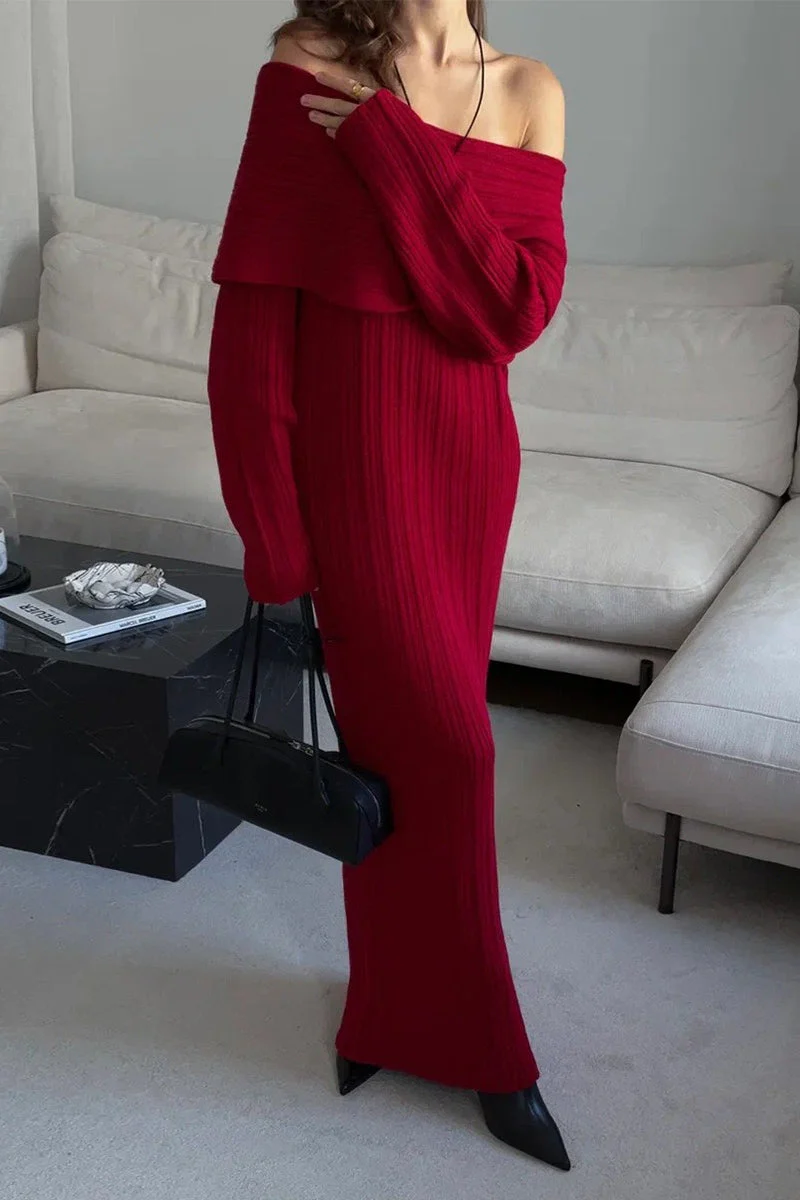 Solid Elegant Minimalist Off Shoulder Bodycon Knit Maxi Dress - Image 8