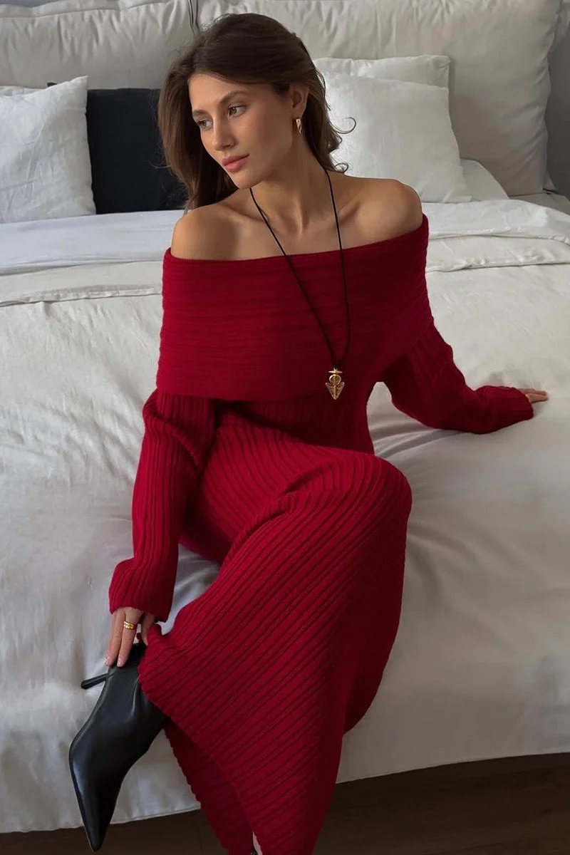 Solid Elegant Minimalist Off Shoulder Bodycon Knit Maxi Dress - Image 9