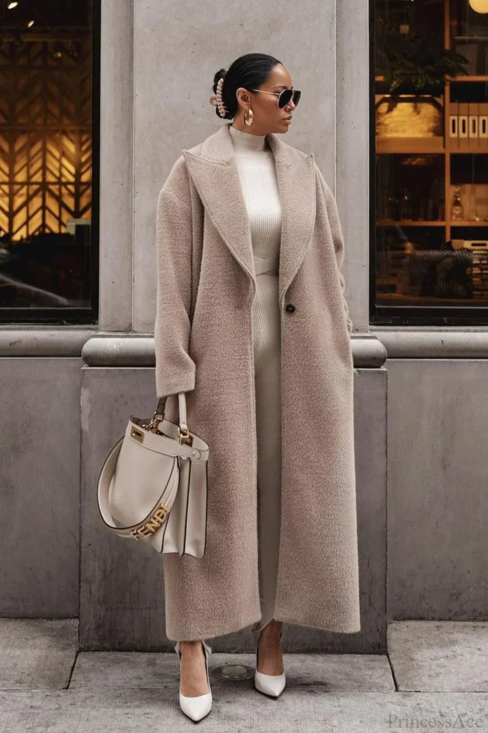 Solid Elegant Minimalist Warm Notched Collar Teddy Overcoat - Image 4