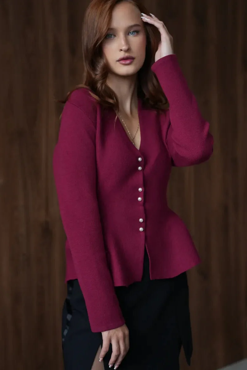 Solid Fitted Ruffled Hem Long Sleeve Knit Cardigan - Image 3