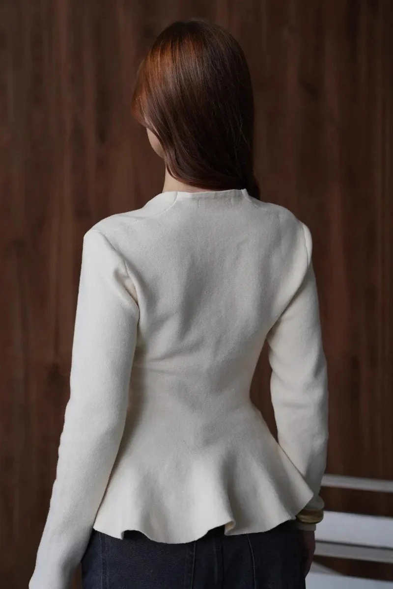 Solid Fitted Ruffled Hem Long Sleeve Knit Cardigan - Image 6