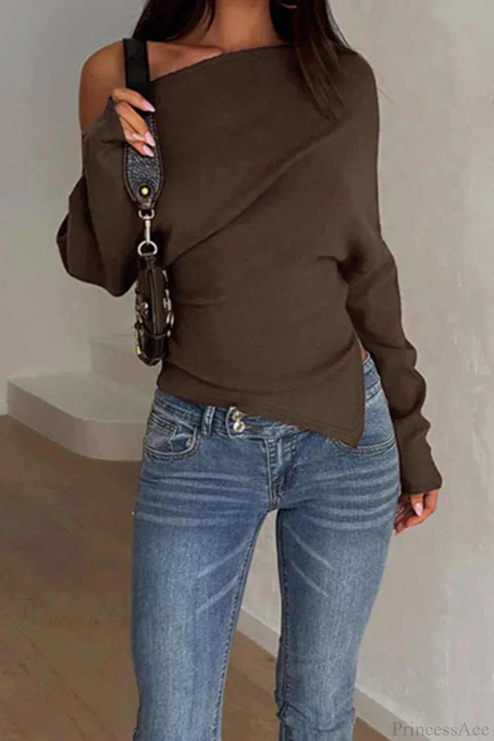 Solid Fleece Off-shoulder Slim Long Sleeve Tee - Image 7