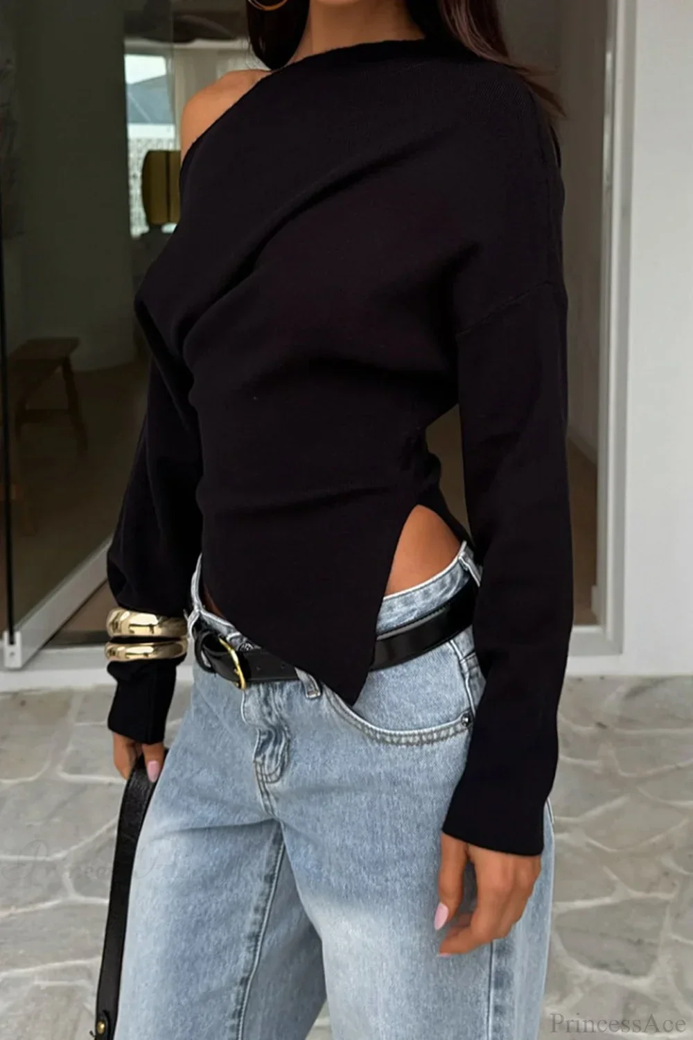 Solid Fleece Off-shoulder Slim Long Sleeve Tee - Image 9