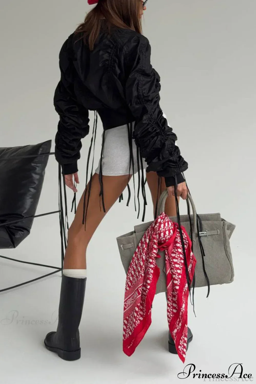 Solid Fringed Ruched Waist Short Zip Coat - Image 3