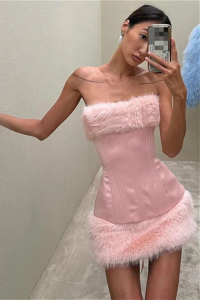 Solid Fuzzy Paneled Tie Waist Sexy Mini Dress - Image 3
