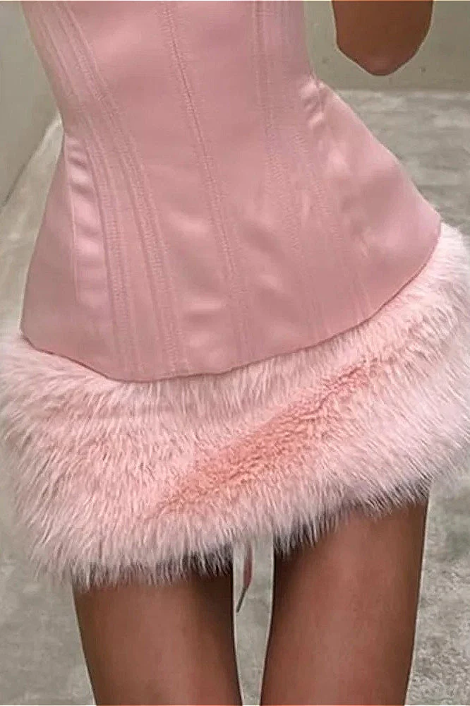 Solid Fuzzy Paneled Tie Waist Sexy Mini Dress - Image 4