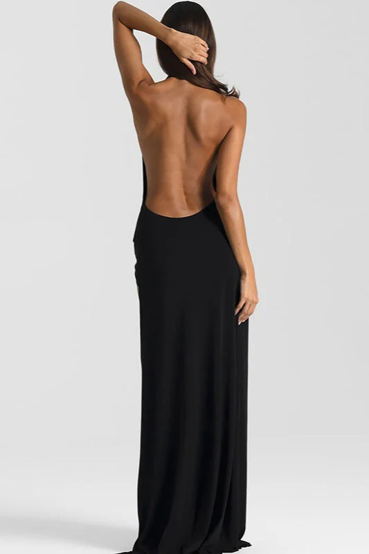 Solid Halter Deep V Backless Slit Floor Maxi Dress - Image 10