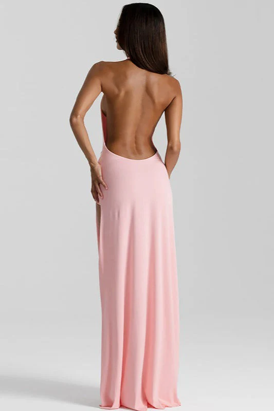 Solid Halter Deep V Backless Slit Floor Maxi Dress - Image 14
