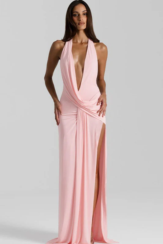 Solid Halter Deep V Backless Slit Floor Maxi Dress - Image 15
