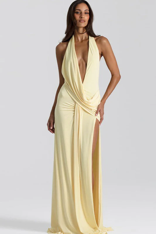 Solid Halter Deep V Backless Slit Floor Maxi Dress - Image 4